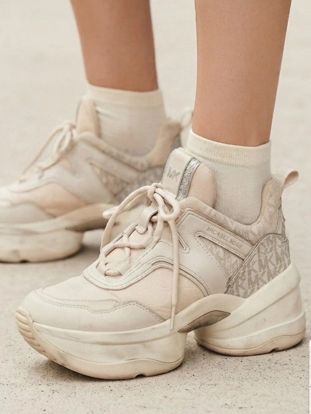 Michael Kors Olympia Chunky Platform Cream Sneakers Pink Grey Accents Y2k Active